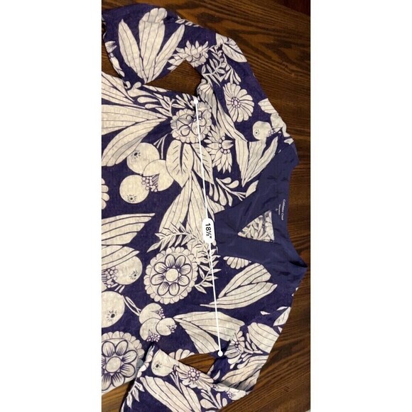 Coldwater Creek Linen Top Women’s Large Indigo Blue White Bali Floral Top Shirt - Picture 8 of 16